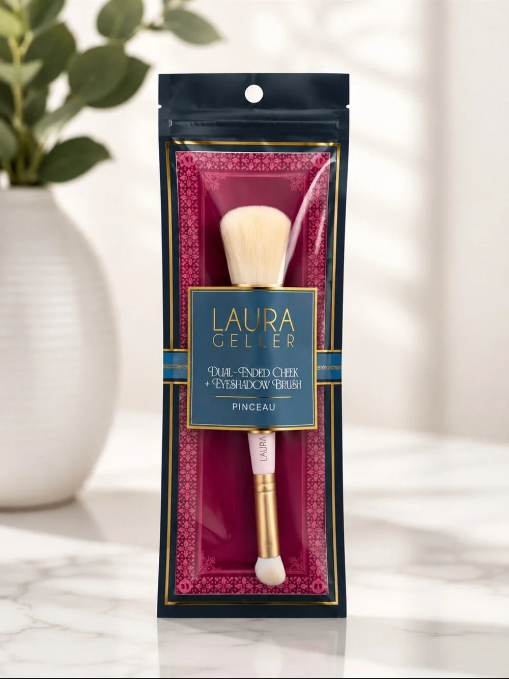 Laura Geller Dual-Ended Cheek & Eyeshadow Brush — Pink Handle with Gold Ferrule